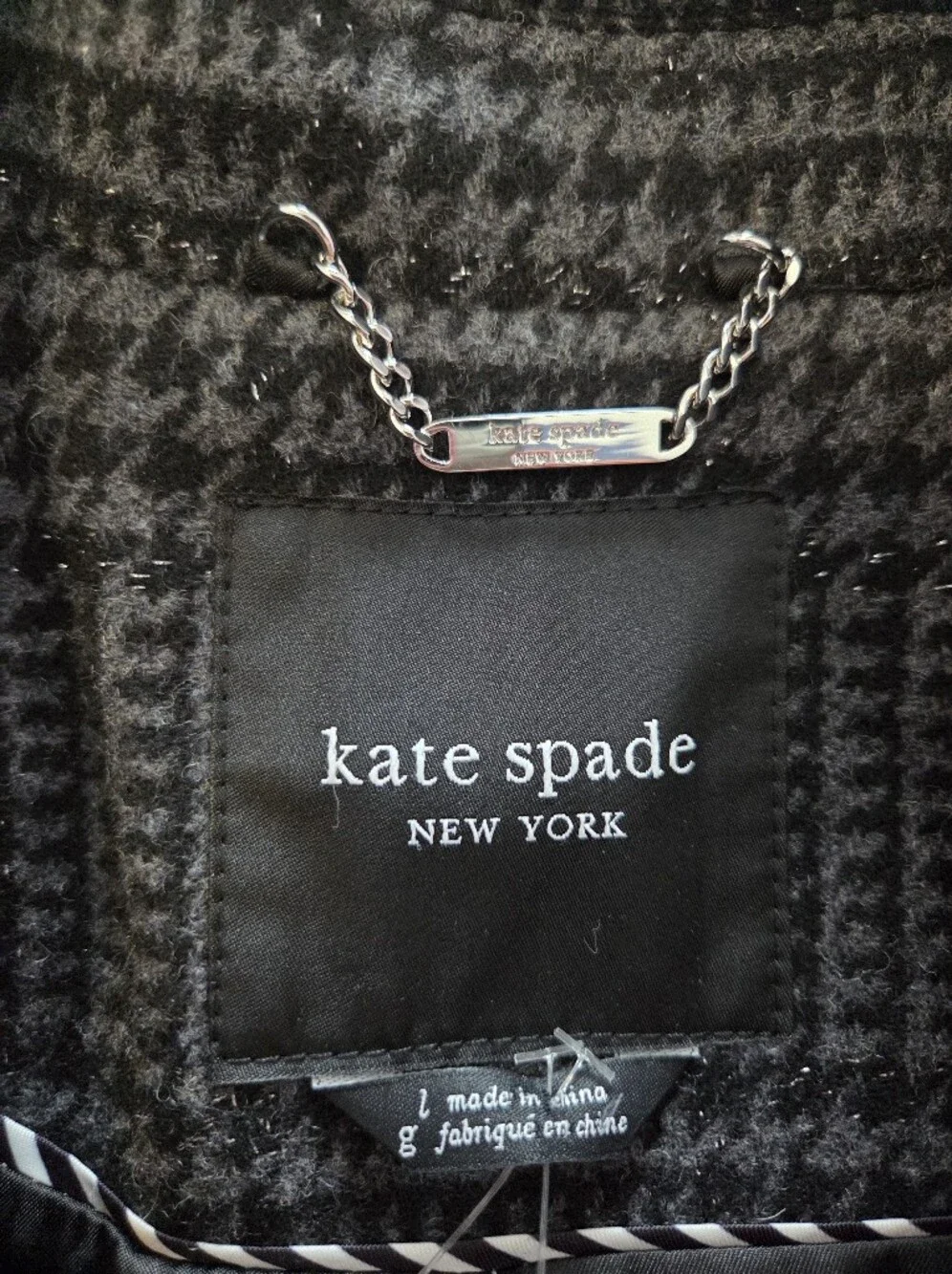 NWT Kate Spade Womens L Black Gray Sparkle Tweed Houndstooth Pea Coat Wool